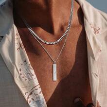 2Pcs/Set New Classic Initial Pendant Silvery Stainless Steel Chain Choker Layered Necklaces For Men - Silver - View 1