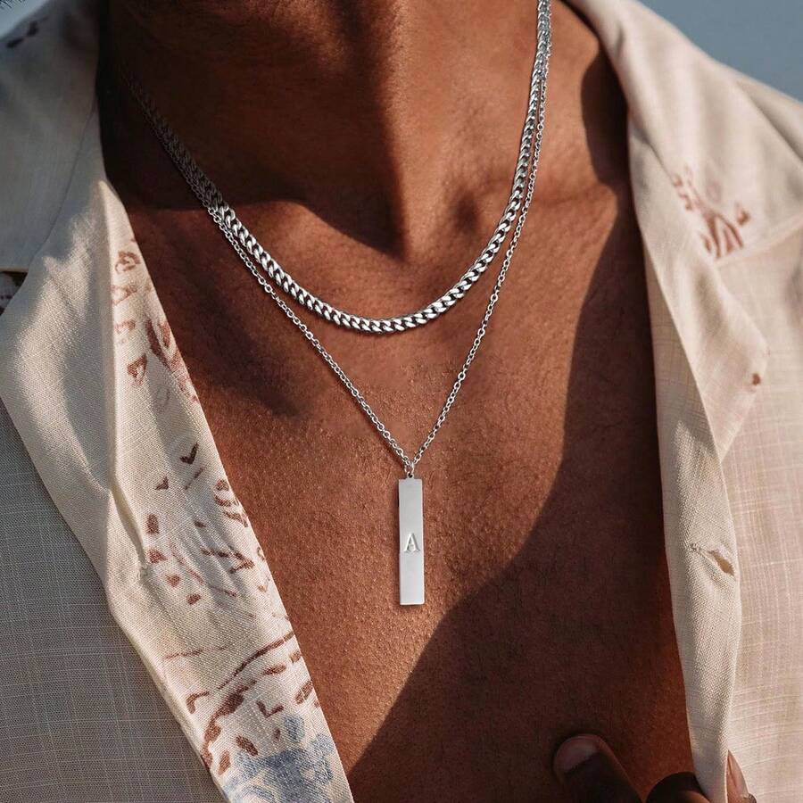 2Pcs/Set New Classic Initial Pendant Silvery Stainless Steel Chain Choker Layered Necklaces For Men - Silver - View 1