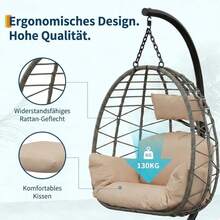 Hodeffior 196cm Hanging Chair With Frame, Foldable Garden Egg Chair With Weatherproof Cover & Cushion, Sturdy Steel Hanging Chair For Indoor And Outdoor Use, Balcony, Terrace, Conservatory, Load Capacity Up To 130kg - Be - Xem 6