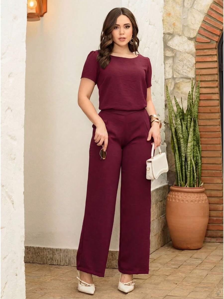 Women's Casual Set: Pants And Blouse With Princess Sleeves And Pockets - New Arrival - Redwood - View 1