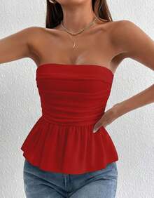 Women's Elegant Summer Cropped Strapless Peplum Blouse - Đỏ - Xem 2