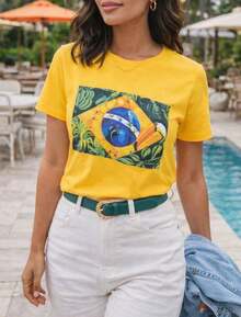 Comfortable Everyday T-Shirt, Special Brazil Animals Design – 100% Cotton, Summer Fashion With Regular Fit - 黃色 - 查看 1