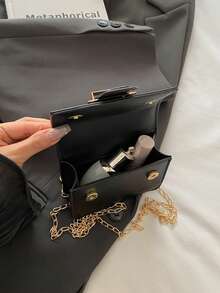 Mini Fashion Handbag, Chain Shoulder Bag, Chic Versatile Small Square Bag, Textured Hand Carry Purse, Mini Lipstick Bag - Black - View 5