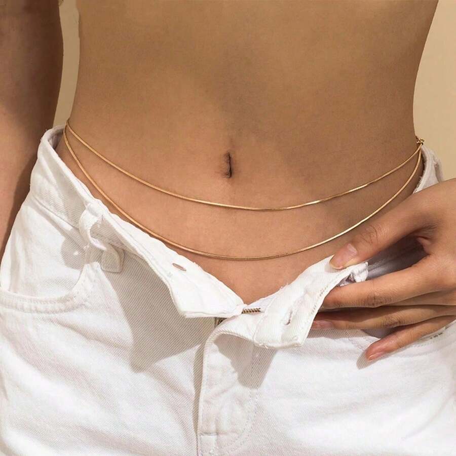 1pc Stainless Steel Double-Layer Sexy Waist Chain, Minimalist Style Suitable For Summer Beach, Daily Wear, Party, Nightclub - Gold - View 1