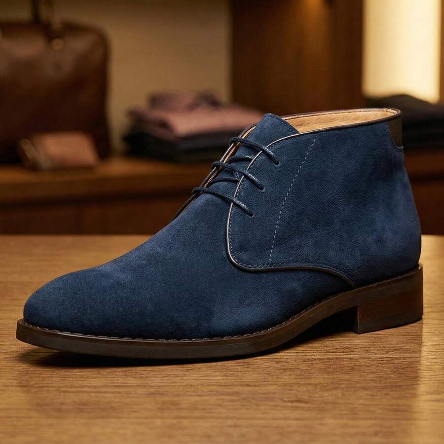 Men's Navy Blue Suede Chukka Boots Lace-Up Ankle Shoes Casual Breathable Smart Formal Dress Sneakers For Work & Wedding - 藏蓝色 - 查看 1