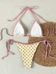 Bộ bikini hở lưng chấm bi nâu vàng phong cách retro mùa hè & xuân 2026 dành cho nữ, kiểu dáng gợi cảm, thích hợp cho kỳ nghỉ biển. - Nhiều màu - Xem 3