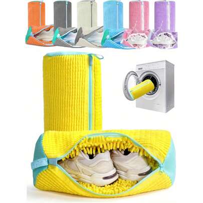 1/2pcs Washing Machine Shoe Bags, Fit All Shoe Types - Yellow With Blue Zipper, 360° Fully Enclosed Shoe Cleaning Bag, Soft Lining, Reusable Sports Shoe Laundry Bag, Suitable For Washing Machine And Dryer, Fit All Shoe Types And Sizes, Laundry Accessory, Suitable For Athletic And Casual Shoes, Laundry Bag, Essential For Holidays, Travel Accessory, Graduation Gift