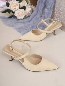 新款尖头细高跟鞋，杏色绒面革尖头高跟鞋，女士夏季珍珠链条露趾凉鞋，单带细跟高跟鞋 - 杏色 - 查看 2