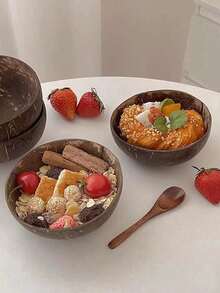 1pc Natural Coconut Shell Bowl With Wooden Spoon And Fork, Salad Bowl, Ice Cream Bowl, Student Bowl, Kitchen Tableware, Wooden Bowl, Wooden Spoon, Yogurt Bowl, Oatmeal Bowl, Salad Bowl, Dessert Bowl - Mocha Brown - View 8