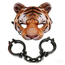 Tiger Mask With Handcuffs Halloween Costume Prop Realistic Tiger Half Face Mask Metal Handcuffs Party Outfit Set Halloween Tiger Mask Handcuffs Adult Cosplay Accessories - Multicolor - View 1