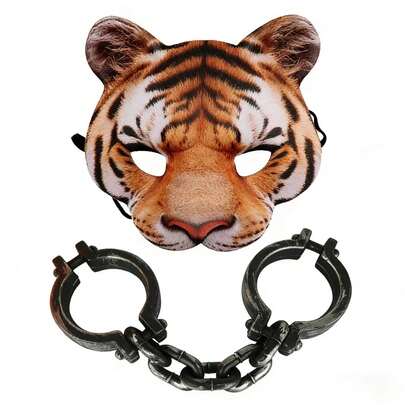 Máscara de tigre con esposas Disfraz de Halloween Accesorios de utilería 2. Máscara de tigre realista de media cara y esposas con aspecto metálico Conjunto de disfraz de fantasía 3. Máscara de tigre de Halloween Esposas Accesorios de juego de roles para fiestas para adultos