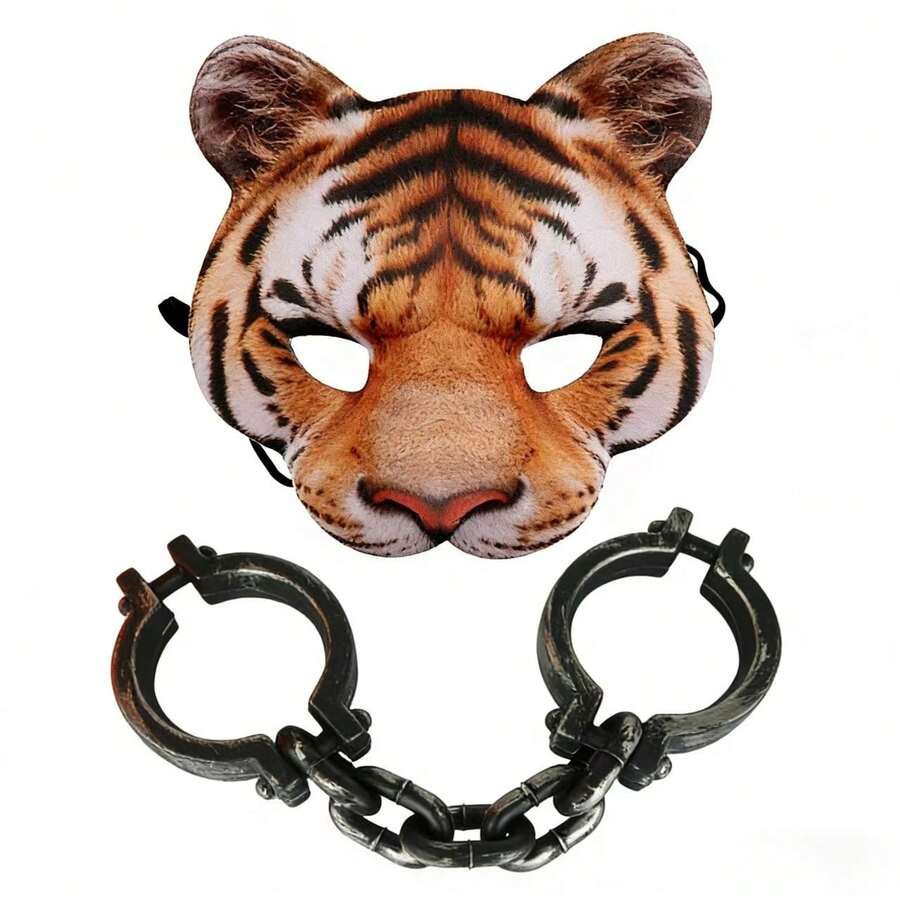 Tiger Mask With Handcuffs Halloween Costume Prop Realistic Tiger Half Face Mask Metal Handcuffs Party Outfit Set Halloween Tiger Mask Handcuffs Adult Cosplay Accessories - Multicolor - View 1