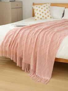 1 Manta de punto con textura de cuadrícula de diamantes, suave y cómoda, apta para todas las estaciones, adecuada para sofá, pie de cama, viaje, decoración del hogar - Patrón geométrico de color mixto, tela acrílica - Bufanda rosa con forma de diamante - Ver 2