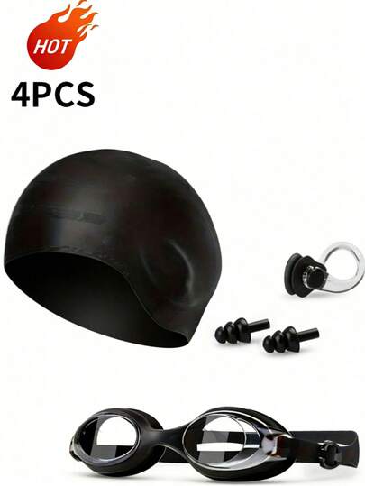 四件套：防水泳镜、硅胶防水泳帽、泳用鼻夹和泳用耳塞。大号泳帽设计，保护耳朵，长发短发均适用。夏季户外用品，生日礼物，母亲节礼物，父亲节礼物。