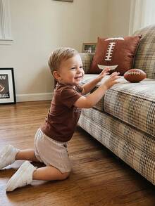 Toddler Baby Boy Summer Outfits Letter Baseball/Football /Rugby Embroidery Short Sleeve T Shirt And Plaid Shorts 2 Pcs Set, Toddler Baby Boy Football Clothing Set, - 紅棕色 - 查看 5