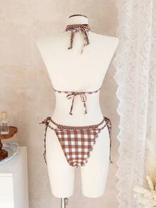 Set bikini pentru femei, 2 piese - Top triunghiular cu imprimeu cu buline și carouri, cu bretele reglabile, slip cu legături în față, costum de baie sexy pentru plajă, vară, vacanță - Multicolor - Vizualizare 6