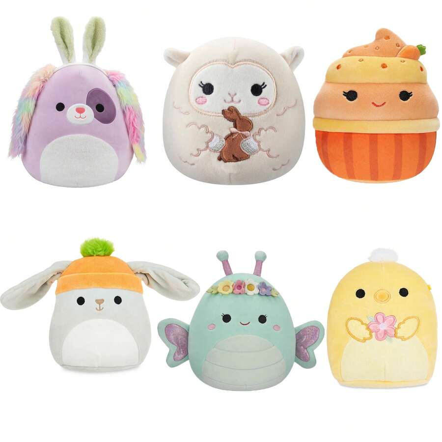 Squishmallows 复活节毛绒玩具 - 13厘米 - Jazwares Barb 小狗（带兔耳朵）、Valentina 灰色兔子（戴胡萝卜帽）、Reina 绿色蝴蝶（戴花冠）、Sophie 奶油色小羊（抱着巧克力兔子）、Triston 黄色小鸡（拿着花）、Keisha 纸杯蛋糕 Kelly Toy JWSQ0812