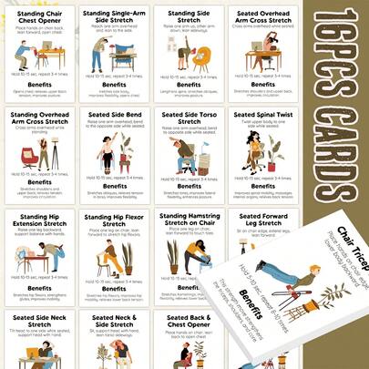 Bộ 16 thẻ hướng dẫn tập luyện tại văn phòng, thẻ tập thể dục tại bàn làm việc với hình minh họa dễ hiểu, giúp giảm cứng cổ, đau lưng, mỏi cổ tay và chuột rút chân do ngồi lâu, món quà hoàn hảo cho nhân viên văn phòng, thẻ tập thể dục tại nhà.