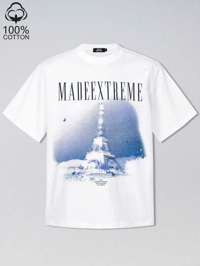 Tiny Spark White Tee Shirt Vintage Aesthetic Graphic City Drawing Eiffel Tower