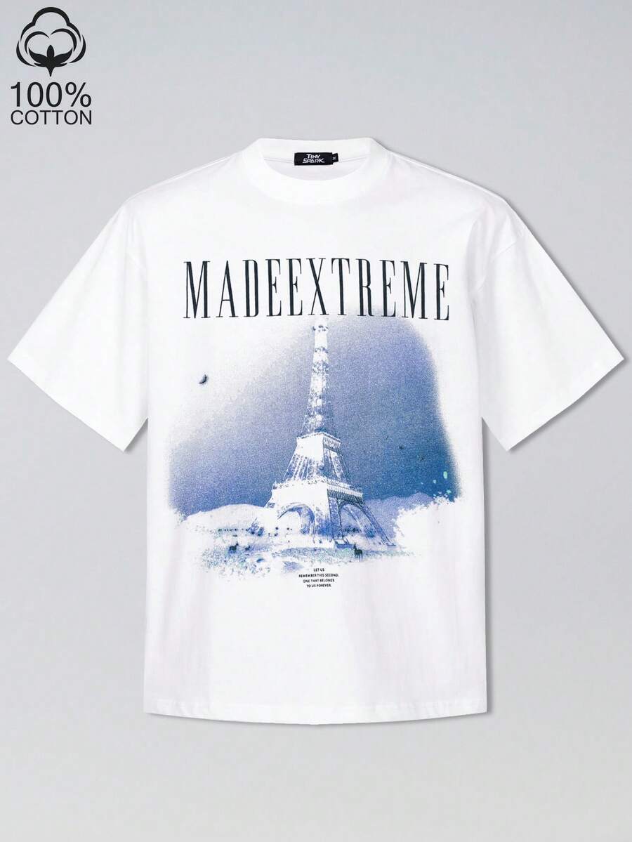 Tiny Spark White Tee Shirt Vintage Aesthetic Graphic City Drawing Eiffel Tower - White - View 1