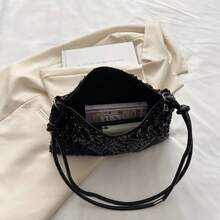 闪亮优雅女士晚宴包，新款闪亮迷人网眼水钻新月形手提包现货供应，时尚单肩派对晚宴包，饰有水钻，适合女孩、女士、婚礼、盛会、晚宴/宴会等场合，是送给女性的最佳礼物。 - 黑色 - 查看 10