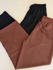 Set Of 2 Women's Pants Duna Wide-Leg Pants Set Wide-Leg Pants High Waist Elastic Waistband Premium Duna Fabric Wrinkle-Resistant Shrink-Resistant Loose-Fitting Pants One Size Elegant Work Look Versatile Piece Fashionable For Summer Winter Spring Autumn Comfort And Style All Seasons Superior Quality - 黑色/棕色 - 查看 7