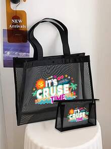Cruise Time Ship Pattern Letter Printed Mesh Bag, Storage Bag, Toilet Bag, Large Capacity Handbag, Girl's Gift, Mother's Day Gift, Lightweight Foldable Storage Bag, Suitable For Personal Travel Cosmetics Storage, Easy To Clean, Travel Toilet Bag, Birthday Gift, Travel Makeup Tool, Teacher's Gift, Lover's Gift, Birthday Gift, Travel Essential, Dormitory Essential, Meeting Daily Travel Needs, , Birthday Gift,Birthday Gift, Mother's Day Gift, Graduation Season, Wedding Anniversary - Multicolor - View 9