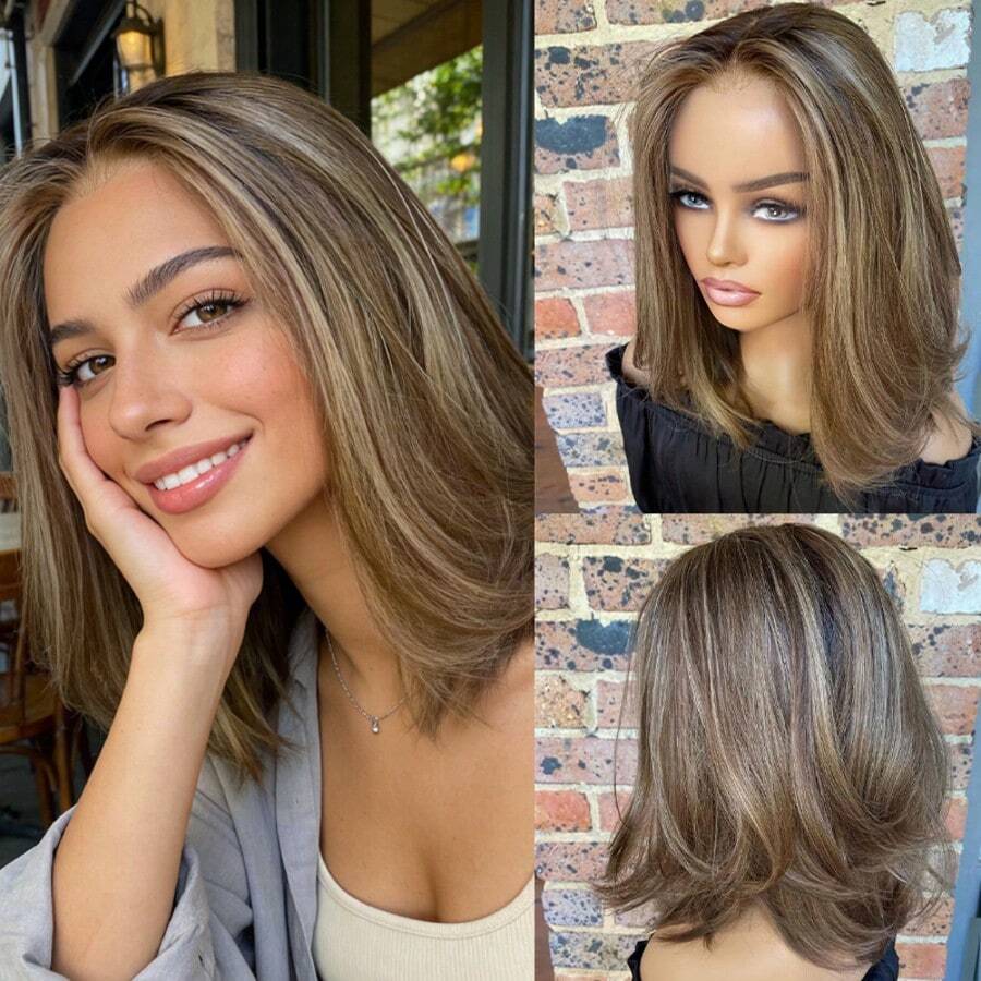 Medium Brown Blonde Balayage Bob Wig Short Loose Wave Ombre Highlights 13x4 Lace Front Wig Heat Resistant Fibre Pre Plucked Hairline Lady Women Lace Wigs Cosplay Daily Wear Party Use Natural Realistic Wig - Multicolor - View 1