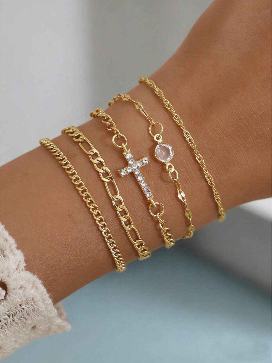 5pcs/Set Fashionable Cross Decor Multi-Layer Bracelet, Versatile, Suitable For Women To Wear To Parties, Gatherings, Daily, Festivals And As Gifts - Yellow Gold - View 1