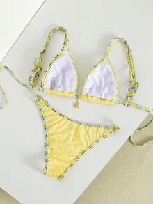 Women's Yellow & Blue Jacquard Bikini Set, Featuring Jacquard Fabric, Adjustable Triangle Top, Golden Floral Decor, Low-Waist High-Cut Bottom, Summer Beach Holiday Swimwear Vacation - Yellow - View 3