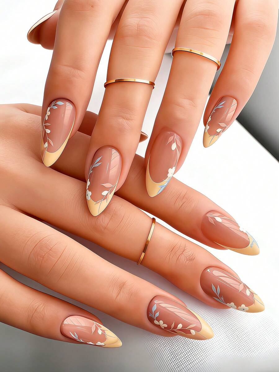 Bộ 24 miếng dán móng tay hình hạnh nhân cỡ trung bình, màu vàng mù tạt cổ điển, kiểu Pháp, bao gồm các họa tiết hoa màu trắng kem và xanh ngọc, bộ móng giả phủ toàn bộ, phù hợp cho phụ nữ và bé gái, bao gồm 1 tờ keo dán và 1 miếng gel mini ngẫu nhiên. - Màu vàng - Xem 1