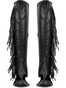 Thong-Style Knee-High Boots With Fringe - Women's Stiletto Heels, Square Toe & Zip Detail, Bold Party Look - Black - View 3