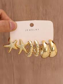 6/18 piezas Pendientes de aro con forma de estrella de mar y concha chapados en oro, pendientes gruesos, pendientes circulares, pendientes grandes en forma de C exagerada, set de pendientes para mujer - Amarillo Oro - Ver 11