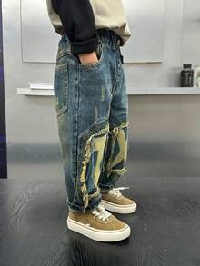 Young Boy Fashionable Loose Fit Distressed Patch & Scratch Print Denim Jeans, Spring - Blue - View 7