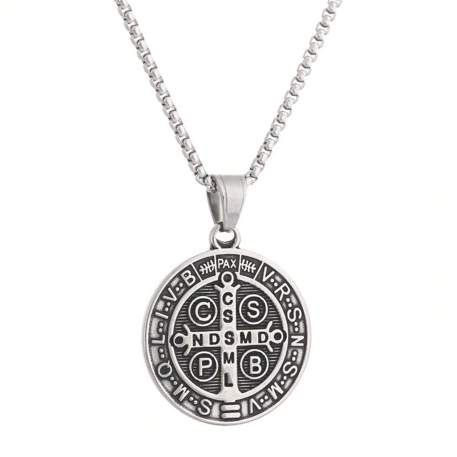 St Benedict Medal Necklace - Stainless Steel Christian Catholic Roman Cross Pendant - Patron Saint Amulet Medal - One Size - View 1
