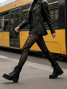 1件装女士复古菱格纹连裤袜，不对称交叉菱格纹图案打底裤，高弹力高腰塑形紧身裤，透气百搭，适合春夏穿着，多种场合皆宜。 - 黑色 - 查看 7