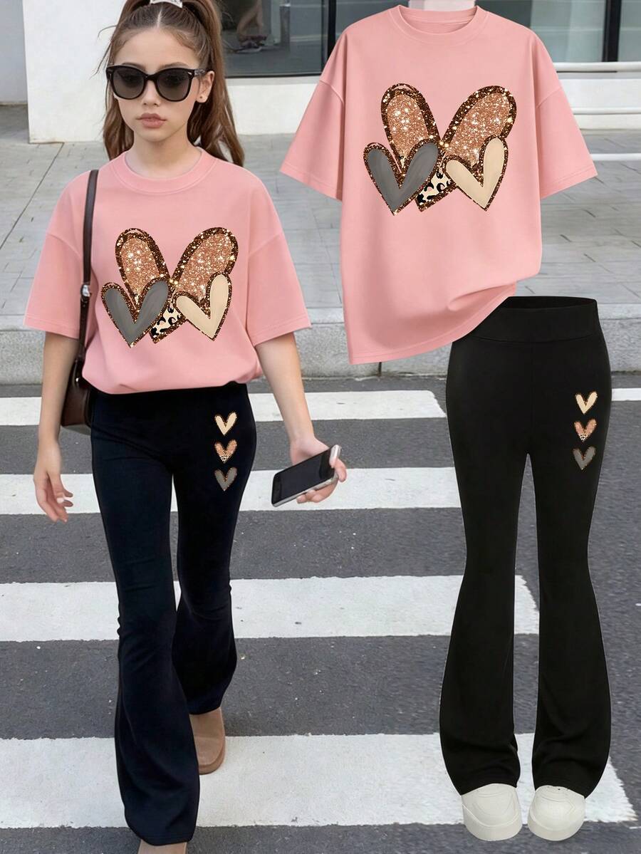 2pcs/Set Cute Heart Pattern Outfit For Girls, Including Graphic T-Shirt And Flared Pants, Soft Comfortable Fabric, Casual Outdoor 2-Piece Set For Teens - Pink - View 1