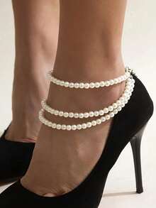 1pc Elegant Multi-Layer Faux Pearl Anklet, Suitable For Daily Wear, Dates, Banquets, Parties, Photo Shoots, And Holidays - White - View 5