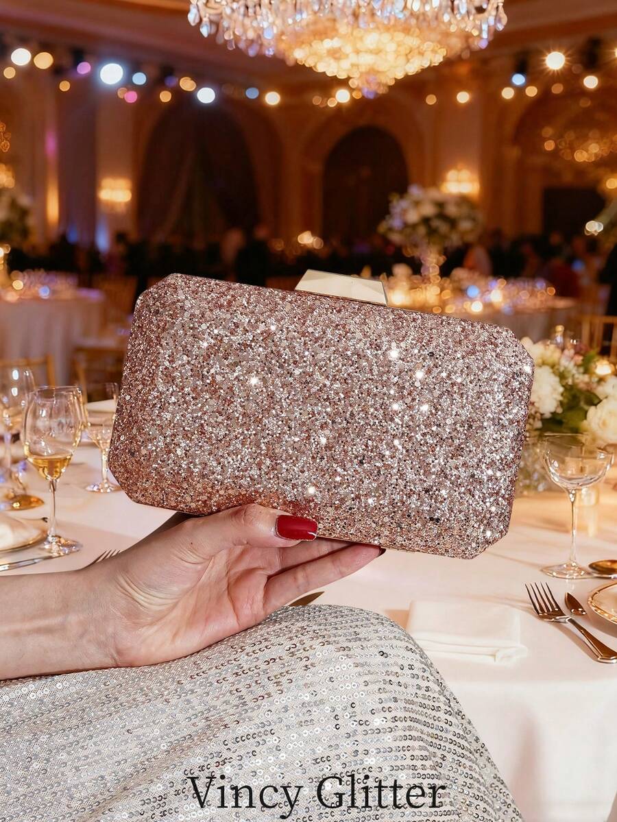 Shiny Sequin Evening Clutch Bag, Shoulder Strap Chain Crossbody Bag For Women - Champagne - View 1
