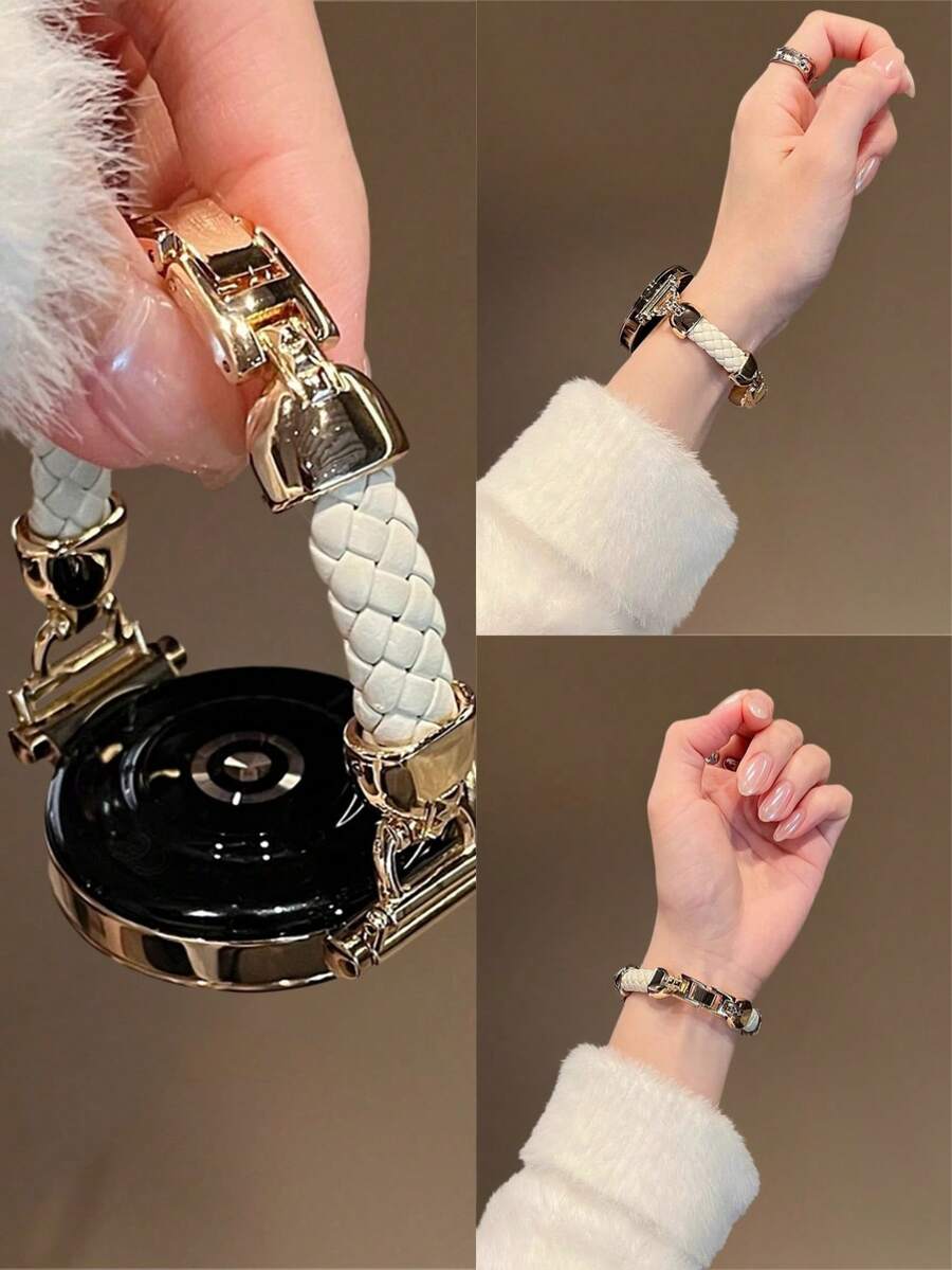 18mm, 20mm, 22mm Braided Rhinestone Genuine Leather Watch Band, Adjustable Length, Compatible With Samsung Galaxy, And Other Brands, Soft And Breathable