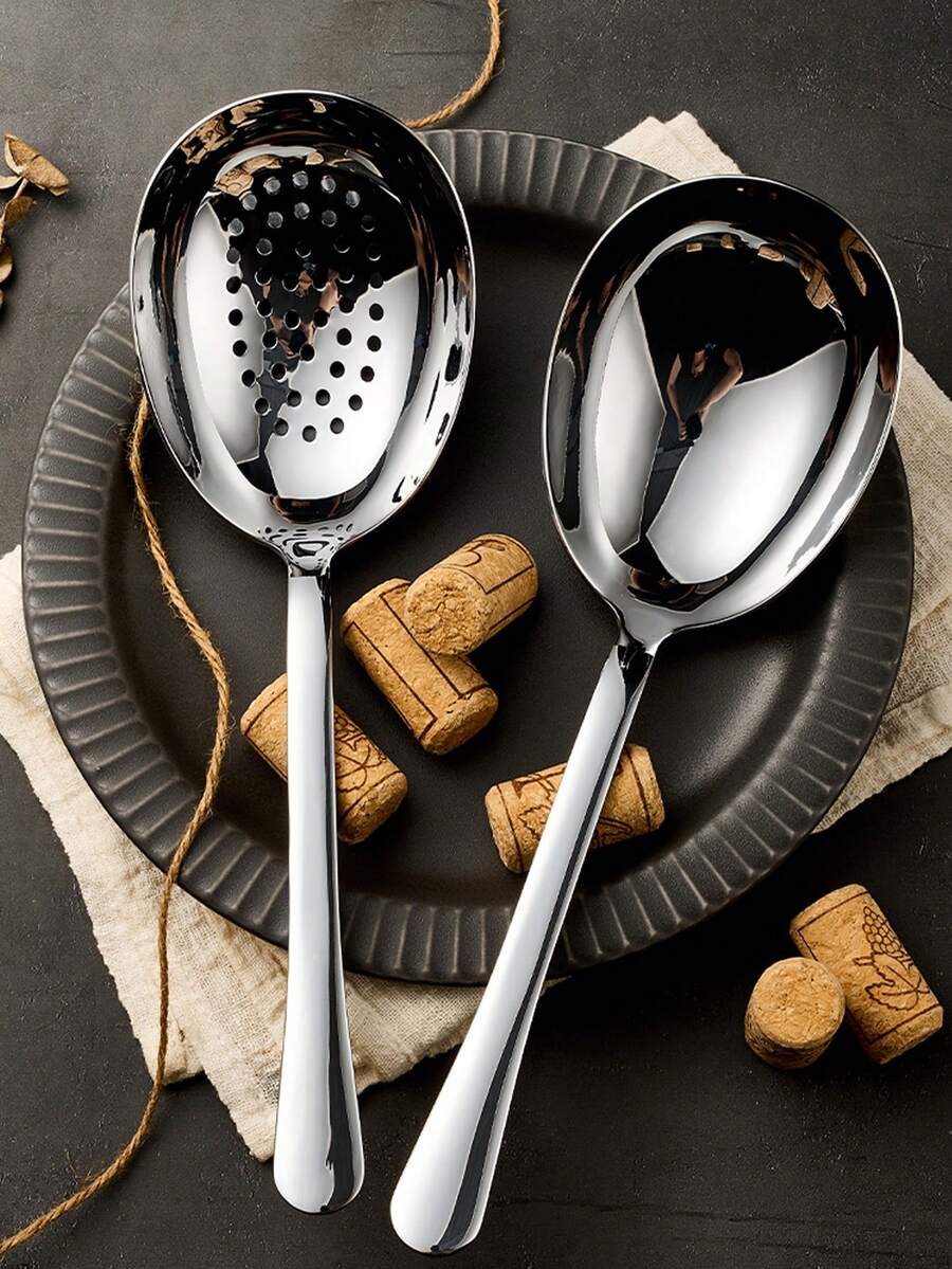 1pc/2pcs Extra Large Serving Spoons Set,18/10 Stainless Steel Slotted Spoon And Serving Spoon,10 Inch Buffet Spoons Set,Tabletop Flatware Utensil , Dishwasher - Multicolor - View 1