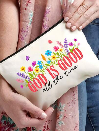 1pc Inspirational Christian Makeup Bag | "God Is Good" Religious Cosmetic Pouch With Floral Bible Verse Prints | Zippered Portable Multi-Functional Travel Organizer | Multi-Color | For Daily/Travel/Campus Use | Suitable For Daily Use, Travel, Vacation, Business Trips, Commuting & Campus Life | Perfect Gift For Women On Holidays/Christmas/Valentine's Day/Anniversaries