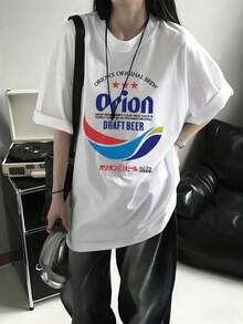 女士夏季新款休闲宽松粉色啤酒字母印花短袖T恤 白色 - 白色 - 查看 2