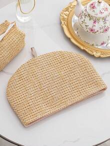 1pc Vintage Woven Texture Teapot Warmer Cover, Dessert Tray Lid, Beaded Decor, Suitable For Dining Table, Back To School Season - Gold - View 7