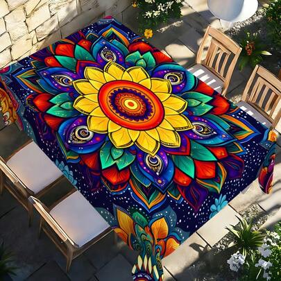 1pc Starry Sunflower Mandala Tablecloth, Printed, Polyester Dust Cover For Kitchen/Dining Table, Family Gathering/Party/Outdoor Wedding, Indoor & Outdoor Use, Home Decor Gift