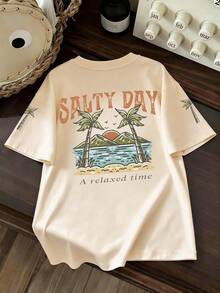 Teens Boys' Casual Summer T-Shirt, Beach Holiday Scenery Print Round Neck Short Sleeve Tee, New Kids Summer Tops - Apricot - View 1