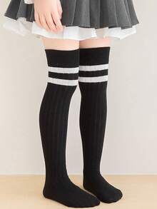 1双/4双装 儿童春夏条纹过膝袜，学院风中筒袜，百搭长筒袜，适合女孩 - 彩色 - 查看 12
