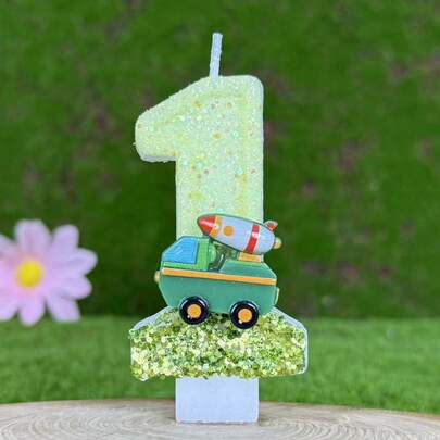 1件渐变绿色亮片晚宴包，导弹车装饰，数字生日蜡烛，创意军事风派对装饰，生日礼物，时尚配饰