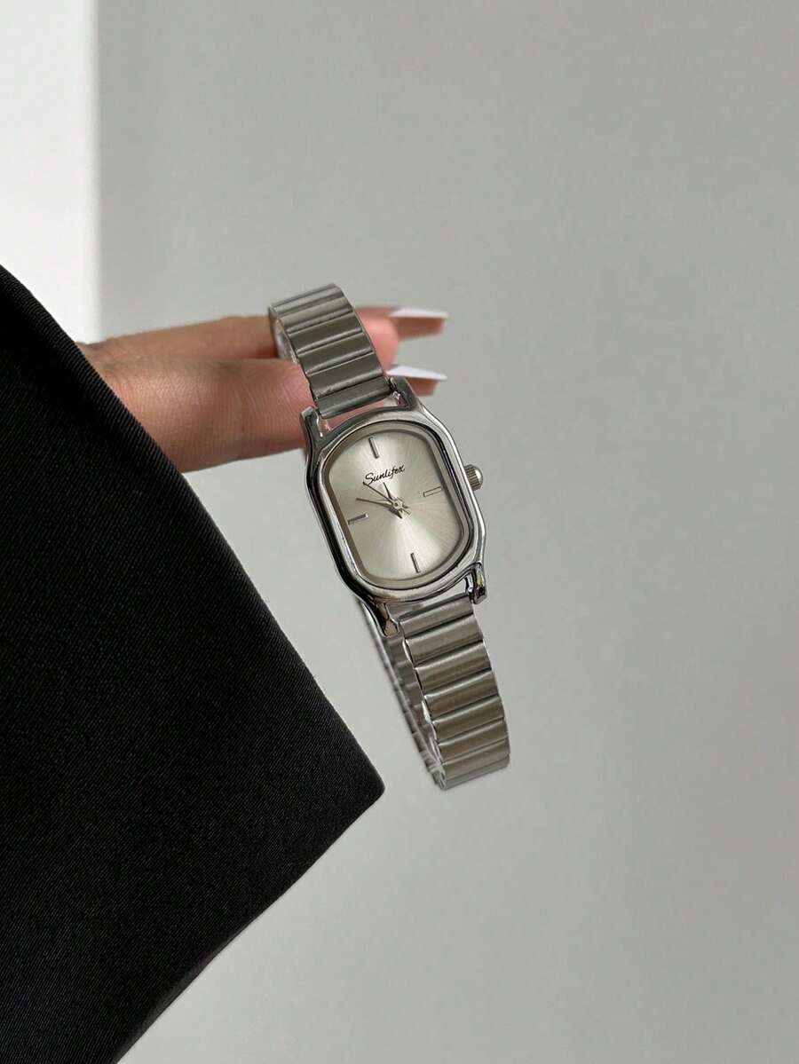 1pc Oval Retro Style Gold Bamboo Strap Quartz Women's Watch, Elegant & Refined, Suitable For Daily Wear, Birthday Gift, Party And Other Occasions - 銀色 - 查看 1