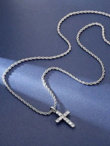 1pc Hip-Hop Cross Necklace, Inlaid With Rhinestones, Made Of Stainless Steel, Suitable For Both Men And Women, Simple And Stylish, With A High-End Feel. - Multicolor - View 3